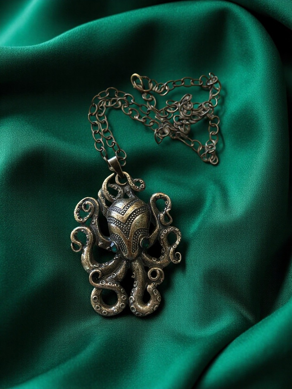 Bronze Octopus/Kraken Pendant Necklace with Green Accent Eyes - Picture 11 of 17